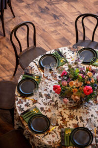 birds eye view of table settings at National Museum of Wildlife Art wedding venue